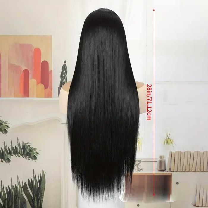 80 см Дантелена черна права перука от висококачествен синтетичен косъм