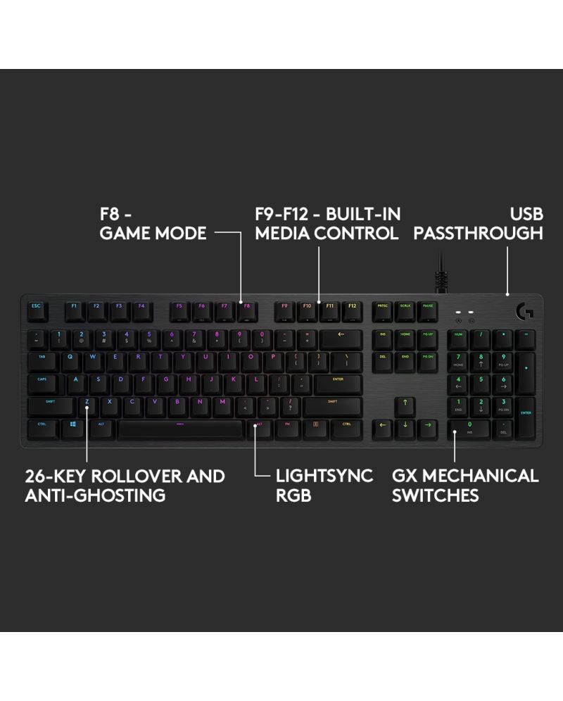 Механична клавиатура Logitech - G512 Carbon, GX Brown Tacticle, RGB, ч
