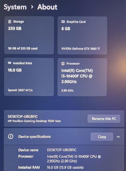 Calculator gaming jocuri i5 gen 10 16GB GTX 1660TI NVMe 256GB