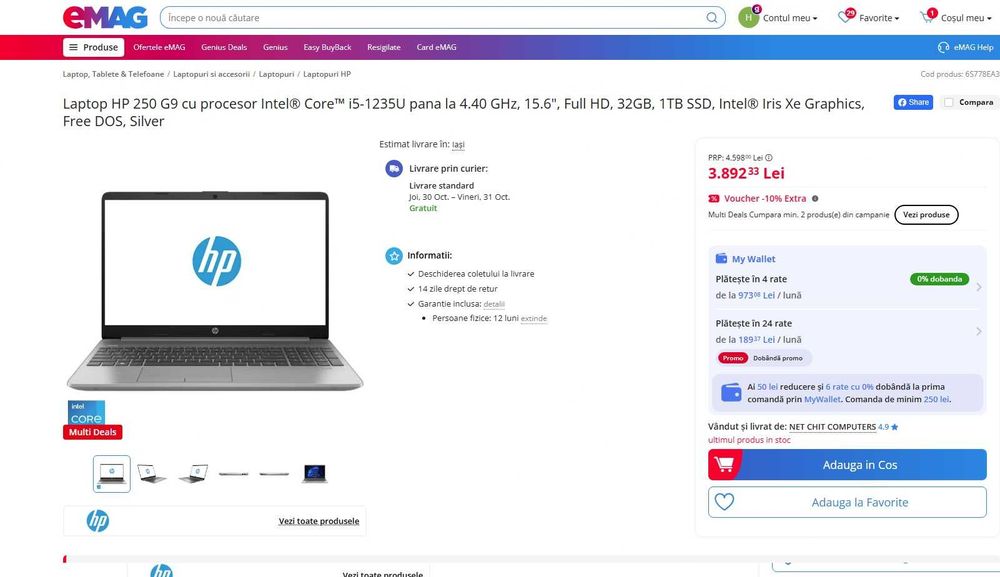 Laptop HP 250 G9 , cu Intel i5-1235U , 24 gb ram , ssd 1 tb -nou