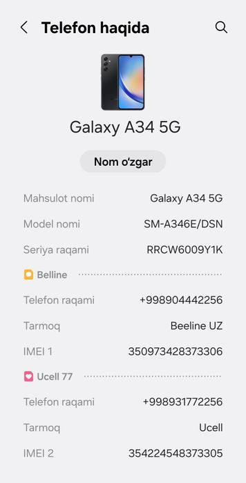 Samsung A34 kafolati bilan