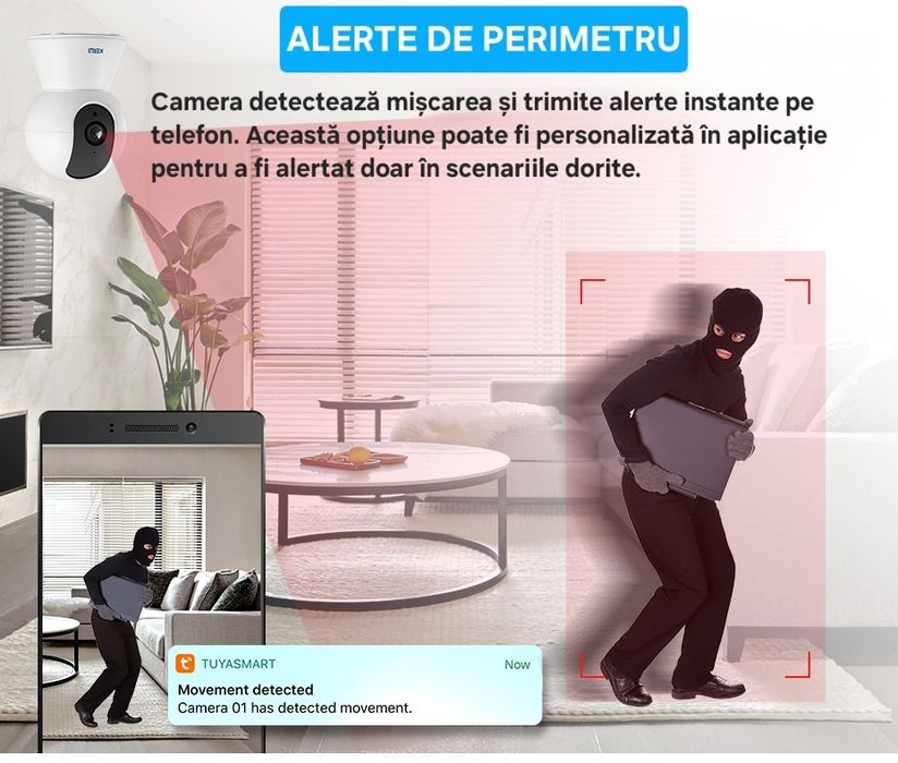 Cameră WiFi Tuya. Urmărire mișcare. Pan-Tilt-Zoom. Audio-Video. HD.