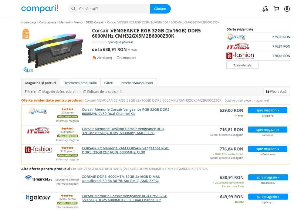 Memorie Corsair Vengeance RGB 32GB DDR5 6000MHz CL30 Dual Channel