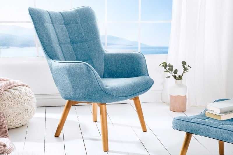 Fotoliu + taburet scandinav din lemn si tapiterie albastra, textil