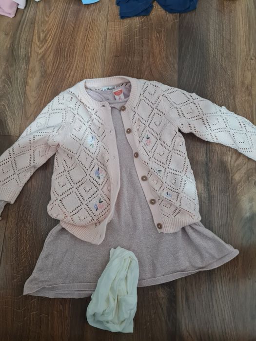 Розов сет от рокля Coton, жилетка и нов чорапогащник 98 см 2 - 3 год.