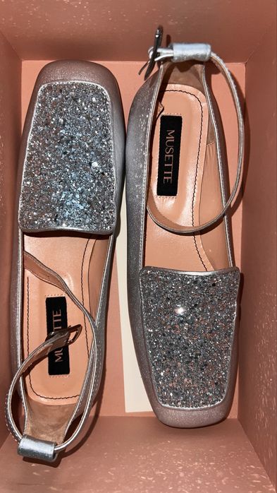 balerini argintii Musette din piele naturală, mărimea 38