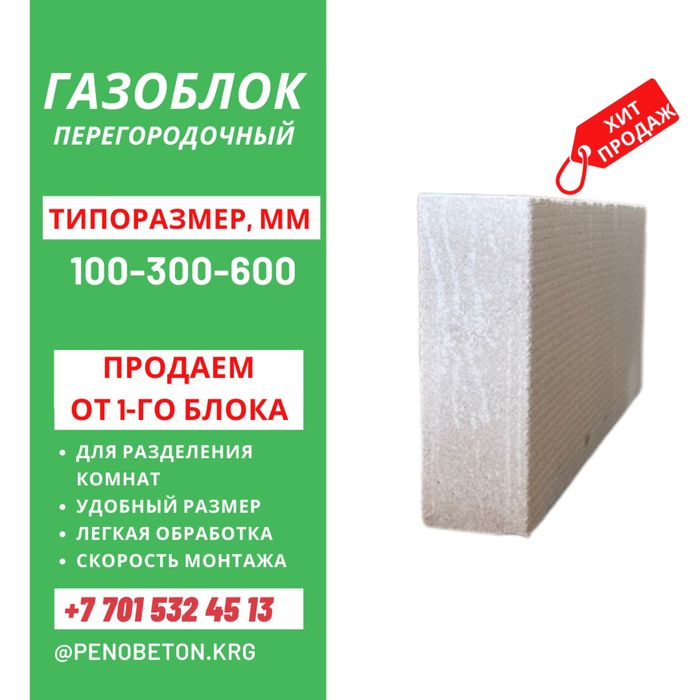 Газоблок перегородка 100х300х600 ми