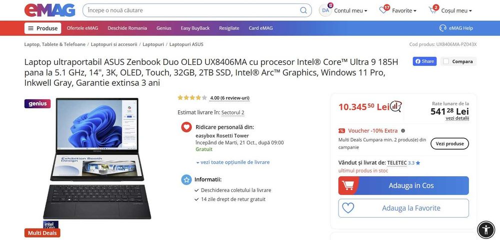 Laptop Asus ZenBook Duo 32GB Ultra 9 SSD 2TB GARANTIE