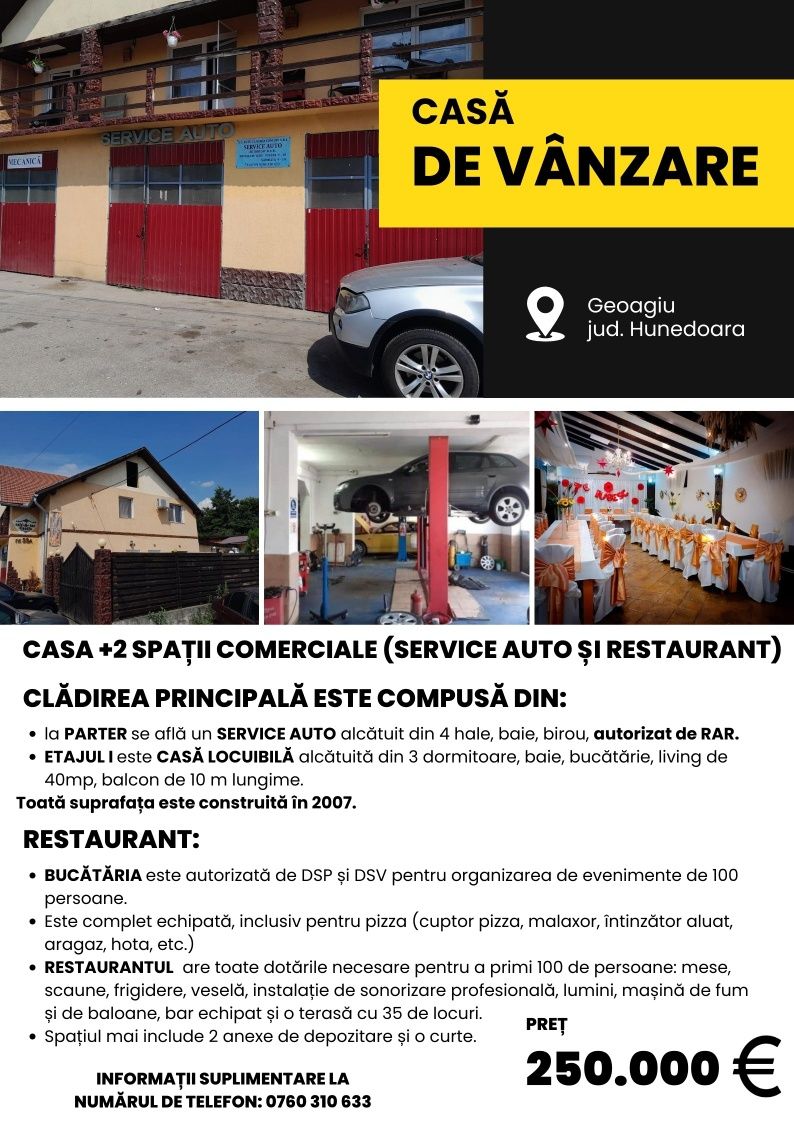 Casa + 2 spatii comerciale(service auto și restaurant)