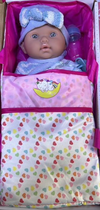 Кукла бебе с пълен комплект – Шише, пижама, легълце и аксесоари - 42см