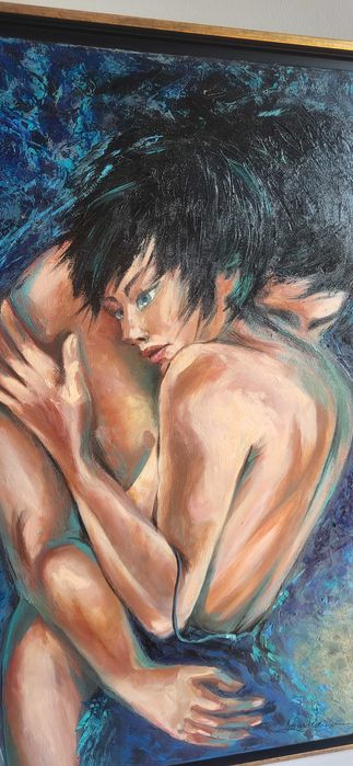 Pictura, tablou mare ulei, nou, -BLUE LOVE-, pictor roman consacrat