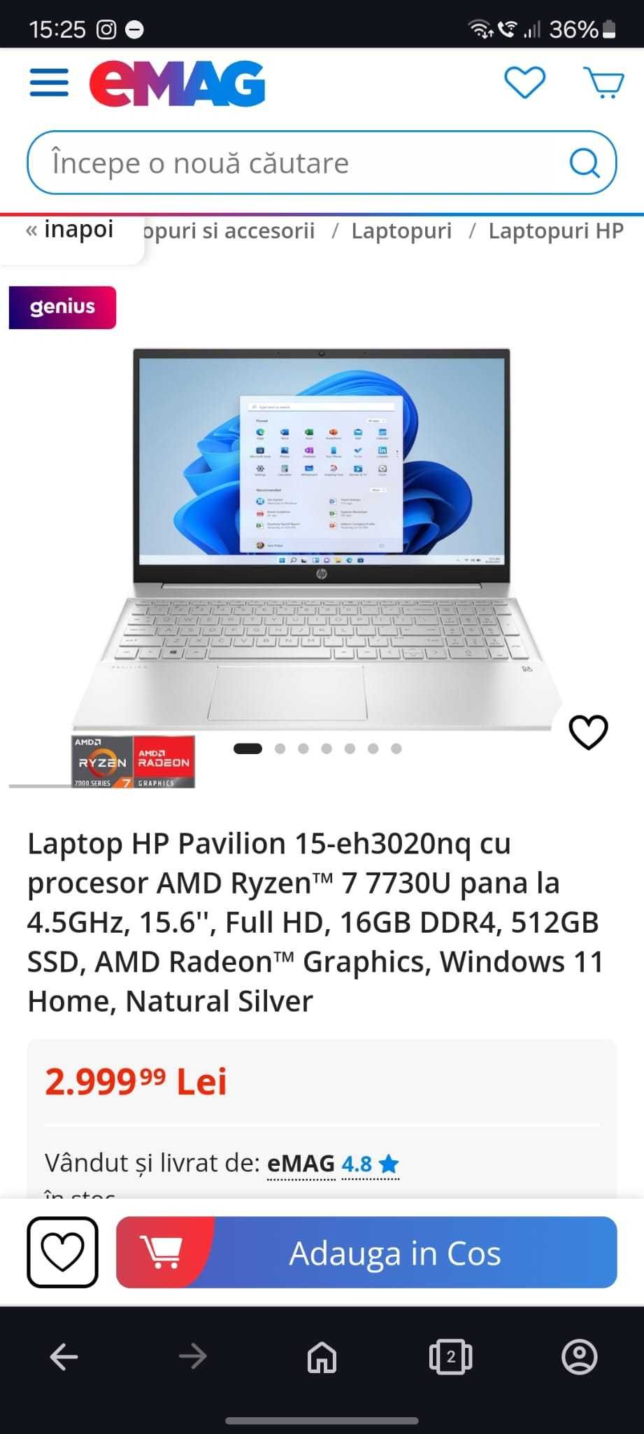 Laptop HP Pavilion 15 AMD Ryzen 7 7730U 16GB