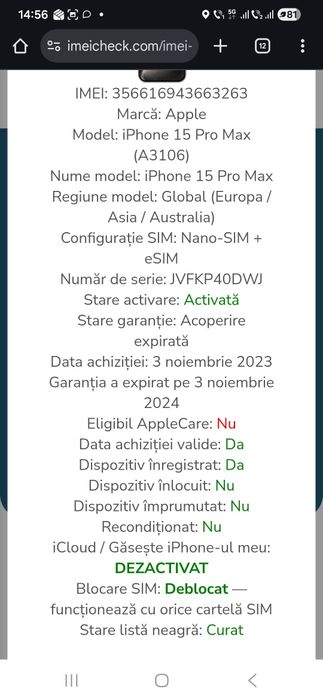 Iphone 15 pro max 256GB, baterie 100%, 33 cicluri de încărcare, CA NOU