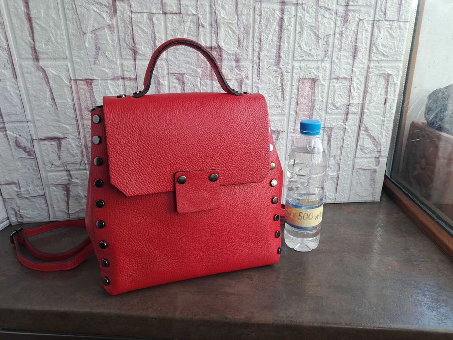 дамска раница,чанта червена,кожена-естествена кожа