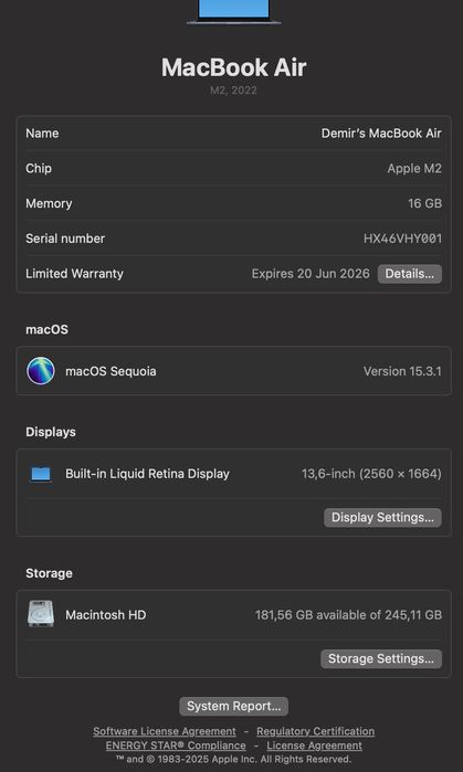 Macbook air m2 16/256 100 % USA apple  23 ta sikl 25 soatgacha yetadi