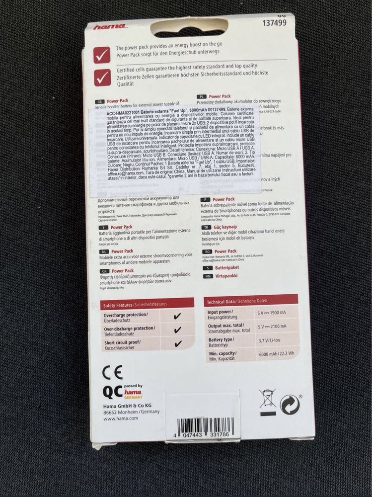 Baterie Externa HAMA Fast Charging 6000mAh /4000mAh Noua Sigilata