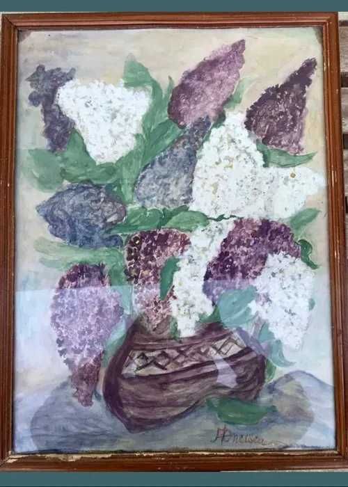 Tablou original, pictură de primăvară cu flori de liliac