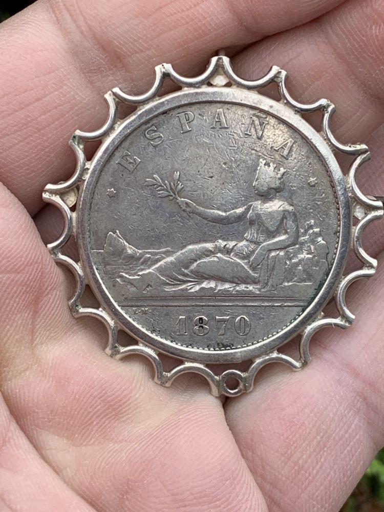 Moneda/ pandantiv/ brosa argint vechi 5 pesetas 1870 - Spania