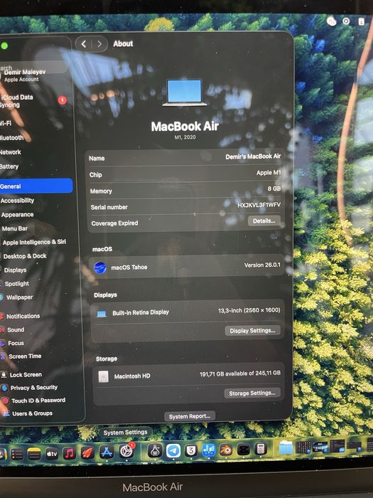 Macbook air m1 8/256 masla holatda 89% 10 soatdan kopga yetadi quvati