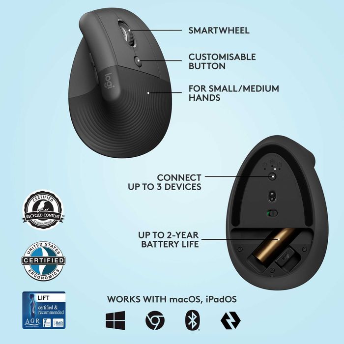 Безжична Oптична Ергономична Мишка Logitech - Lift Vertical EMEA