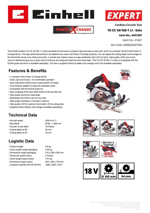 Акумулаторен ръчен циркуляр Einhell TE-CS 18/165-1 Li-Solo, 18V