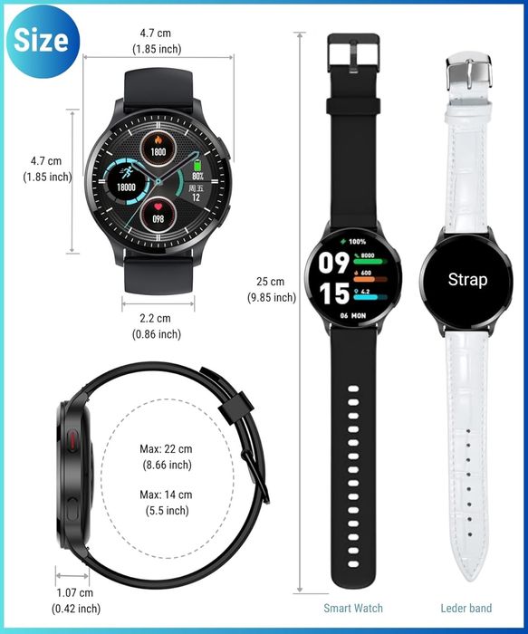 Смарт часовник с 1.5" HD дисплей, Bluetooth разговори, кожена каишка