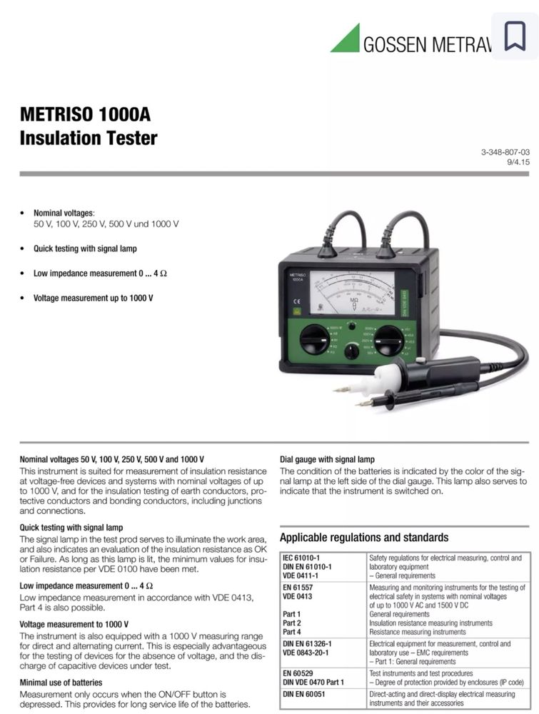 Tester rezistenta izolatie Gossen Metrawatt metriso 1000a 400MΩ