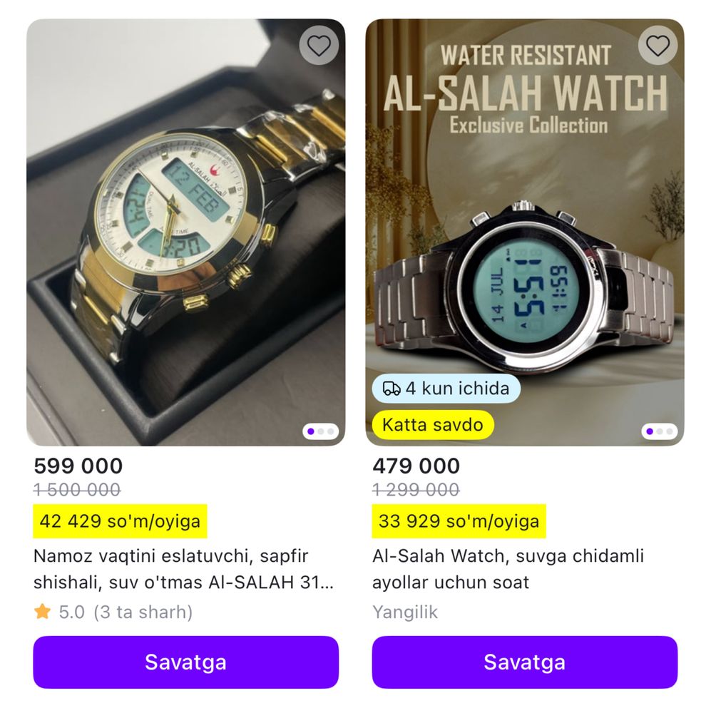 Uzum marketda 500yuz min 450min so’ m sotilgan Al salah soatlar aksiya