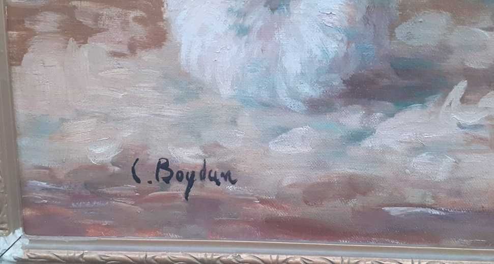 Tablou vechi - vas metalic cu flori - semnat C. Bogdan