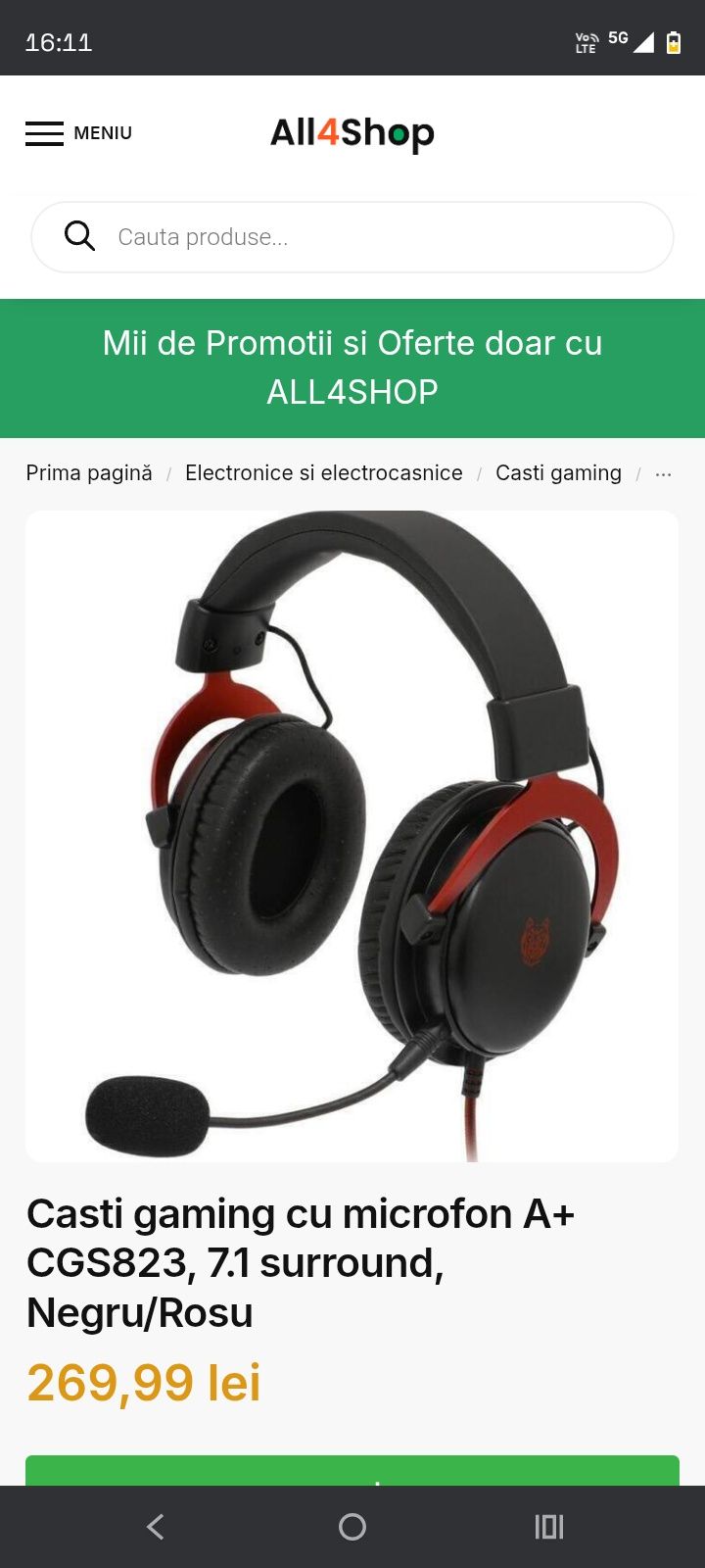 Casti gaming cu microfon A+ CGS823, 7.1 surround, Negru/Rosu
