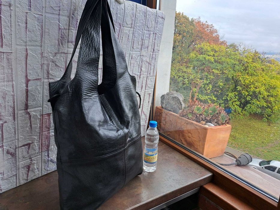 дамска чанта,черна кожена торба-естествена кожа