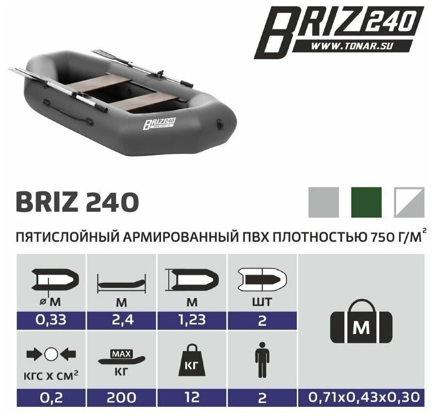 Надувная лодка ТОНАР Бриз 240 серый