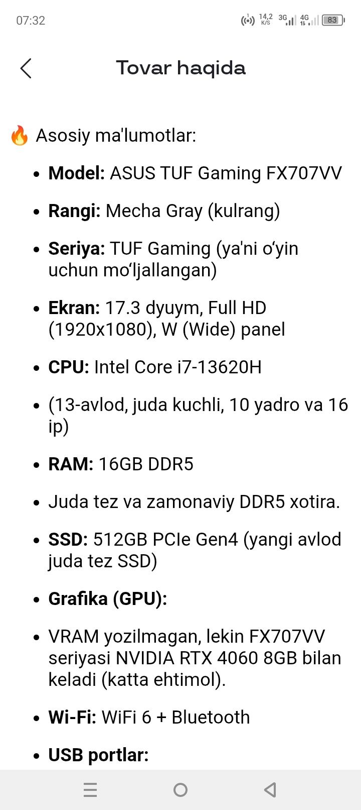 Noutbuk ASUS TUF GAMING F17 sotiladi