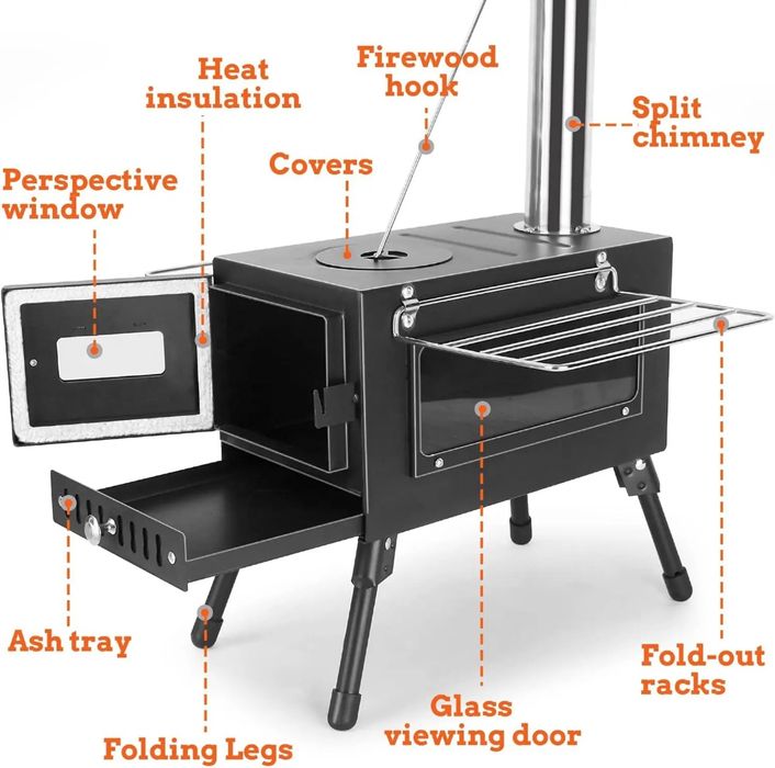 Туристическая походная печь с трубой и складными ножками