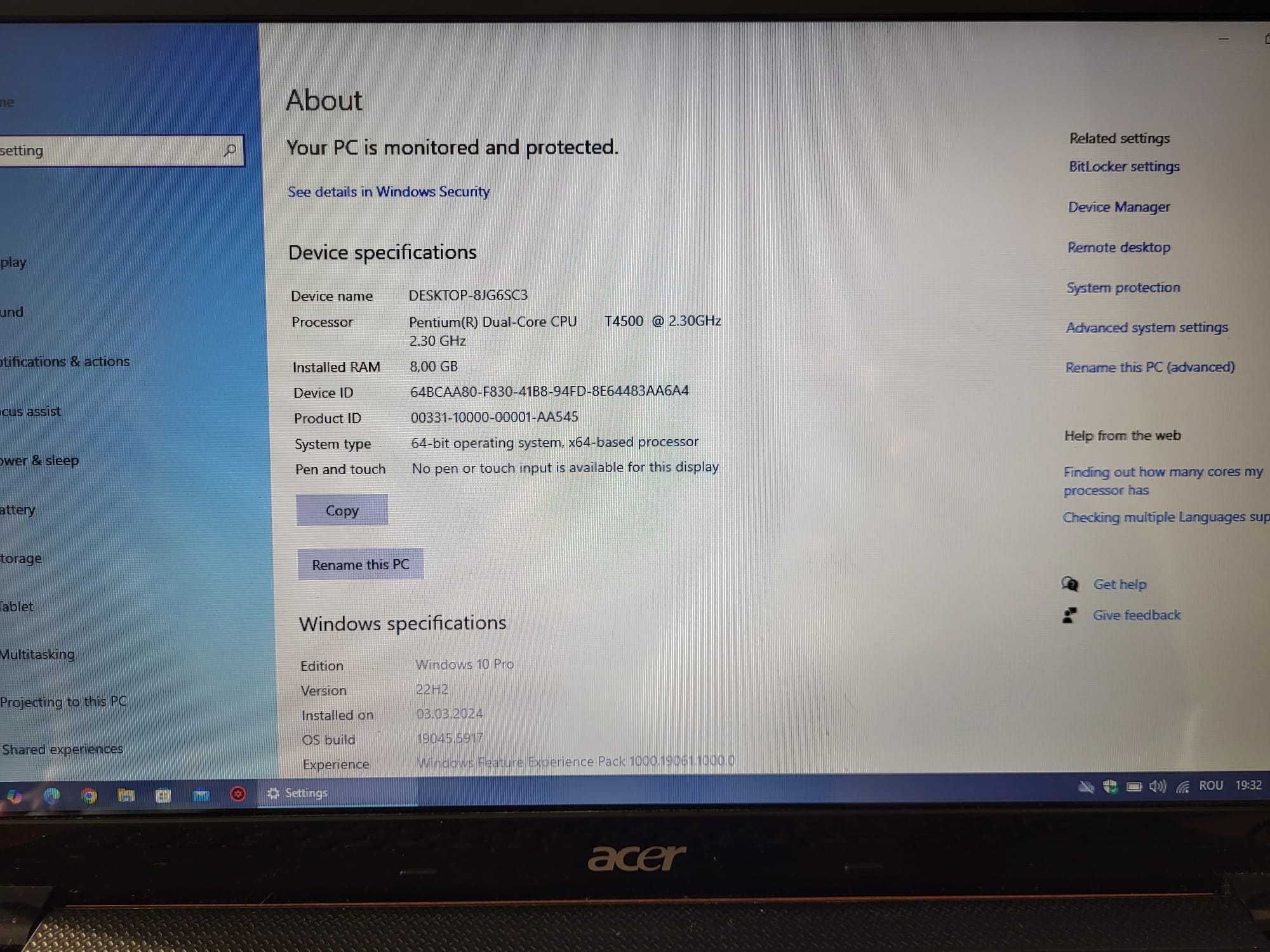 Acer Aspire 15.6" 5736z Dual-Core T4500 2.3GHz 8GB RAM DDR3 256Gb SSD