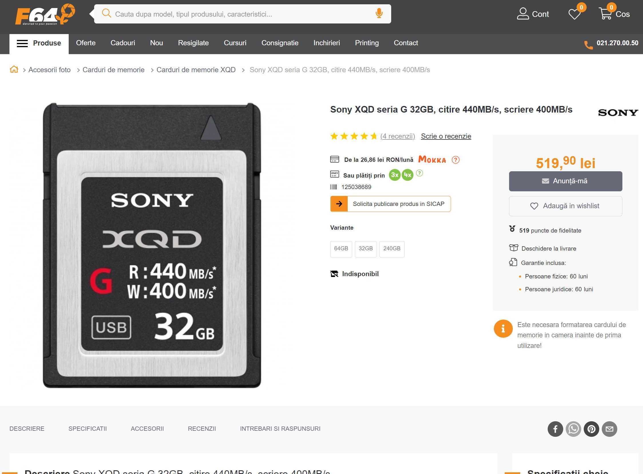 Card XQD SONY 32GB  Seria G R440MB/S W400MB/S