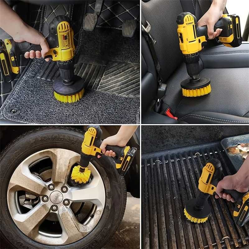 Set 3 perii pentru curatare cu adaptor pentru bormasina nylon galben