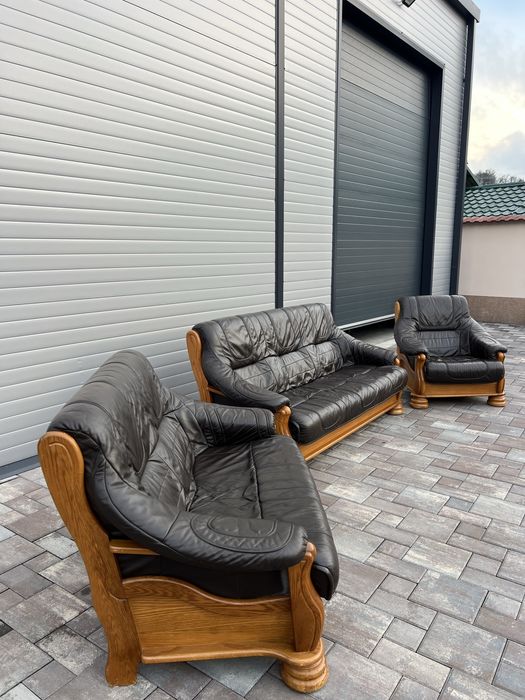Set canapea canapele 3 - 2 - 1 Lemn Masiv + PIELE Naturala Rustic