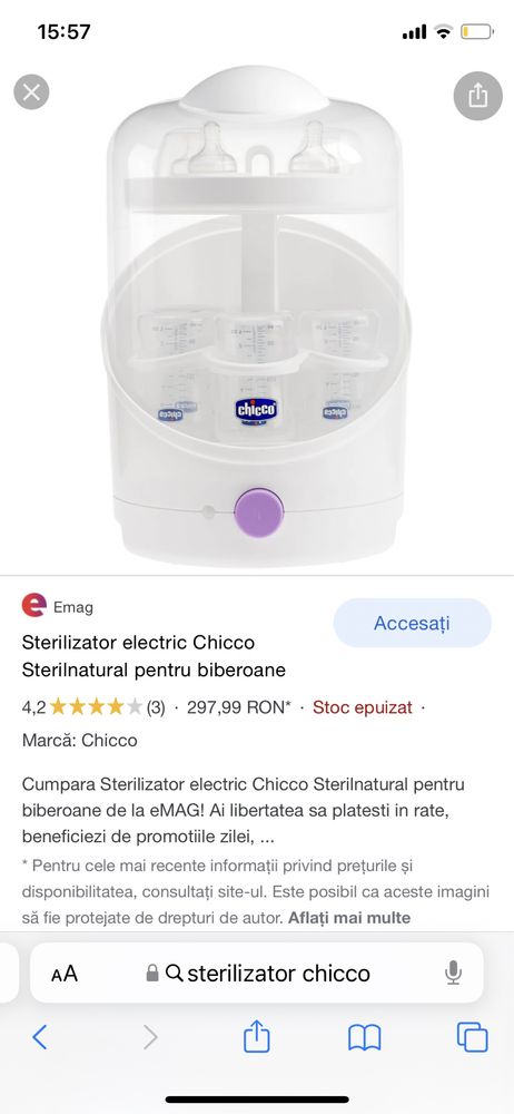 Sterilizator electric Chicco Sterilnatural pentru biberoane