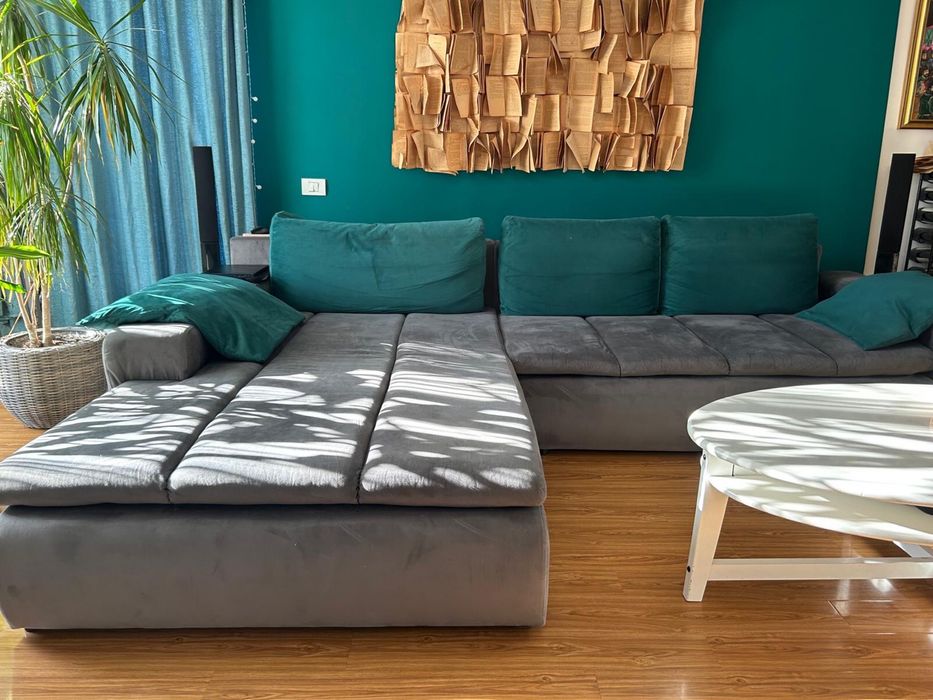 Canapea de colt gri, extensibila 310x210