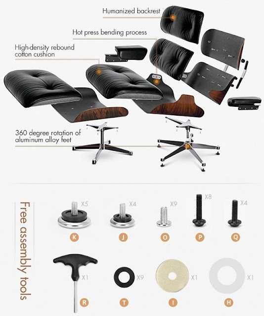 Fotoliu High-End Eames Lounge Chair cu Otoman furnir nuc