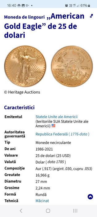 Monedă de aur SUA 25 dolari 1997.  Clasificată NGC, proof.