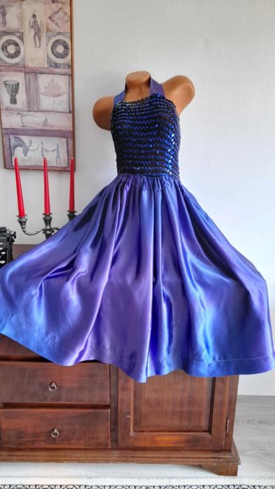 Rochie unicat de atelier Viena, halter, paiete & satin degrade