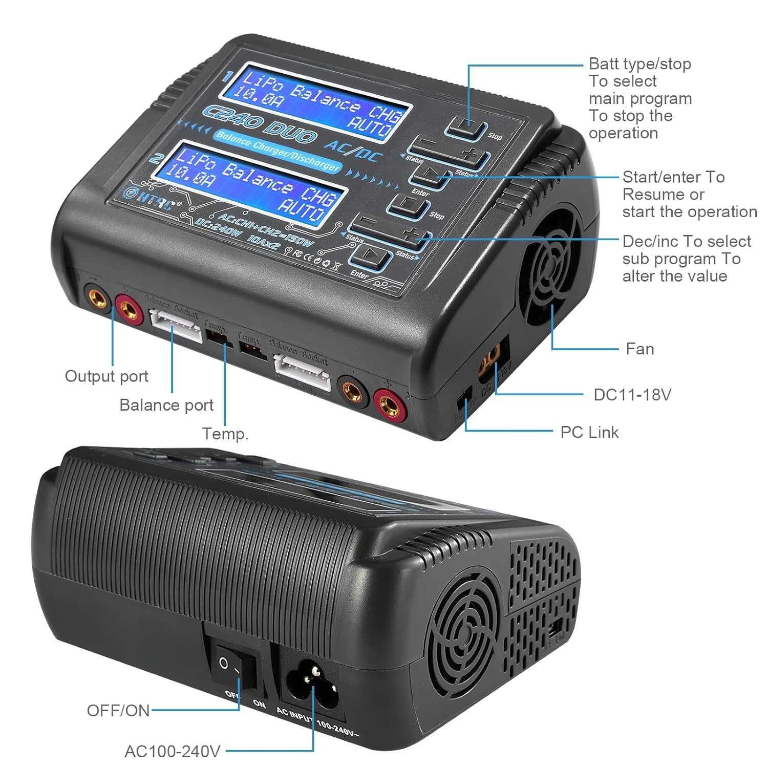 НОВО зарядно за LiPo и LiFe Lilon батерии HTRC C240 ​​DUO 150W ...