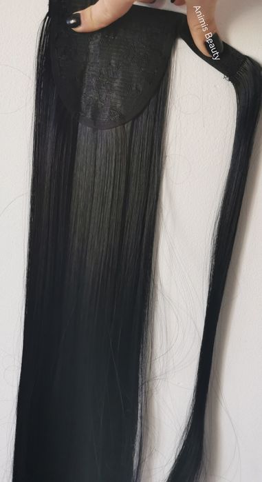 Coada par Neagra 85 cm lungime, cu șuviță laterala, extensii și cozi