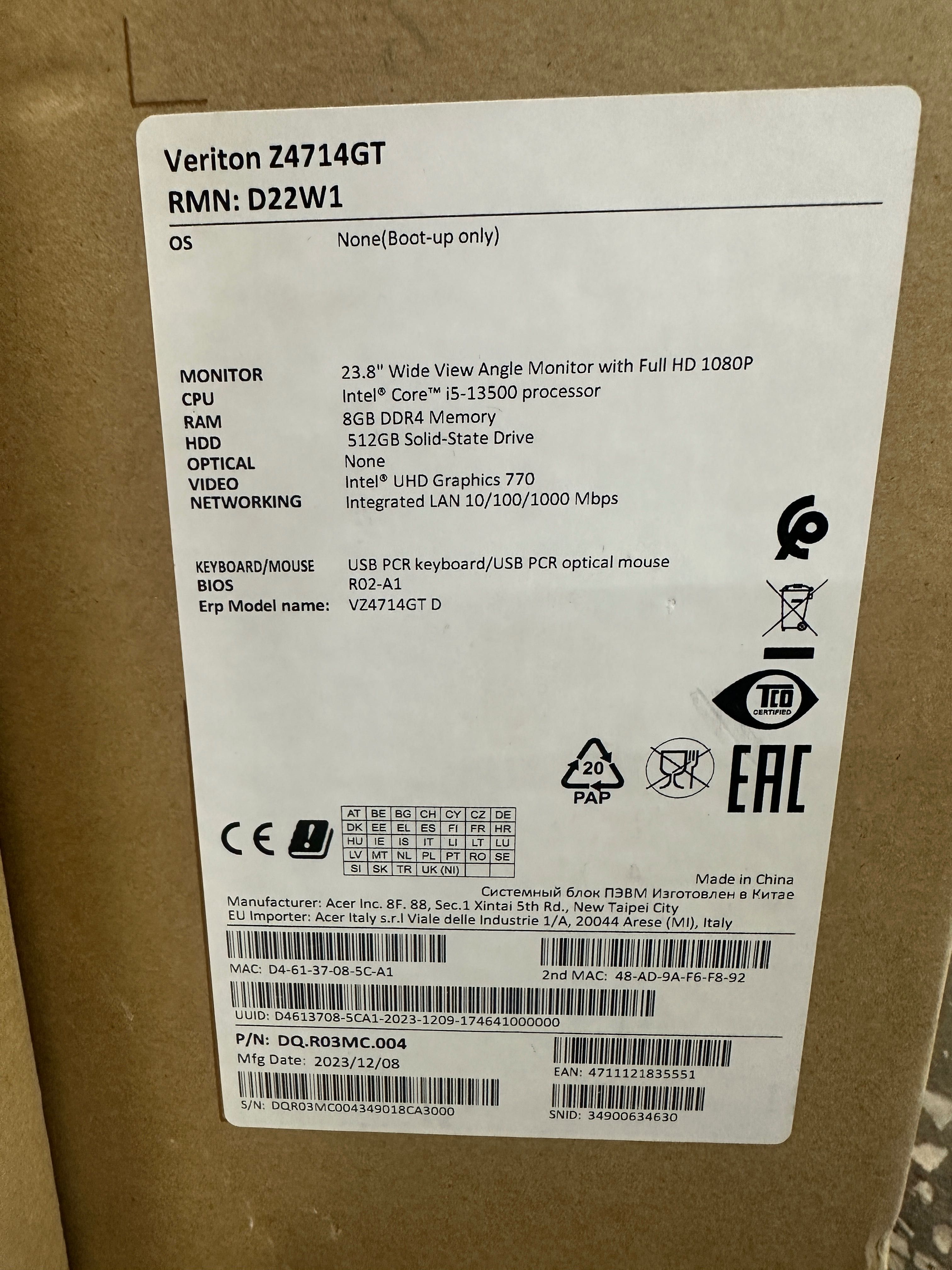 НОВЫЙ Acer Veriton Z4714GT оригинал  24 моноблок i5 13500/8GB d4/512GB
