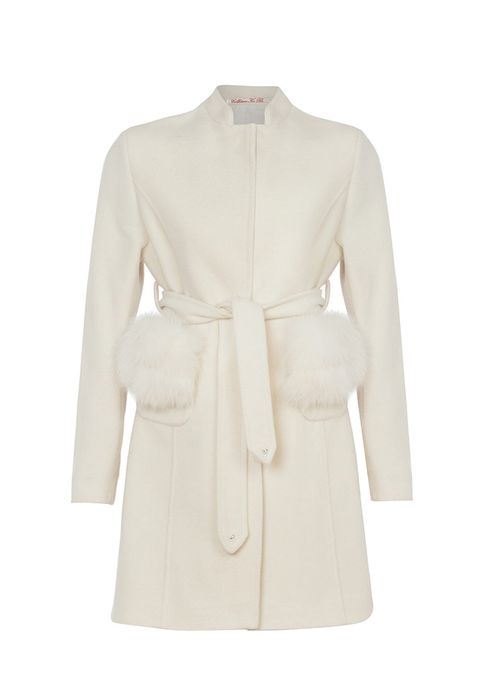 Дамско бяло палто с колан и естествен косъм Collection Ka Bo