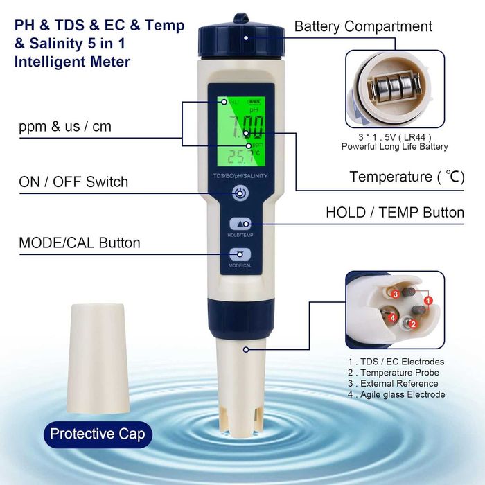 PH Meter 5-в-1 – PH/TDS/EC/Сол/Температура