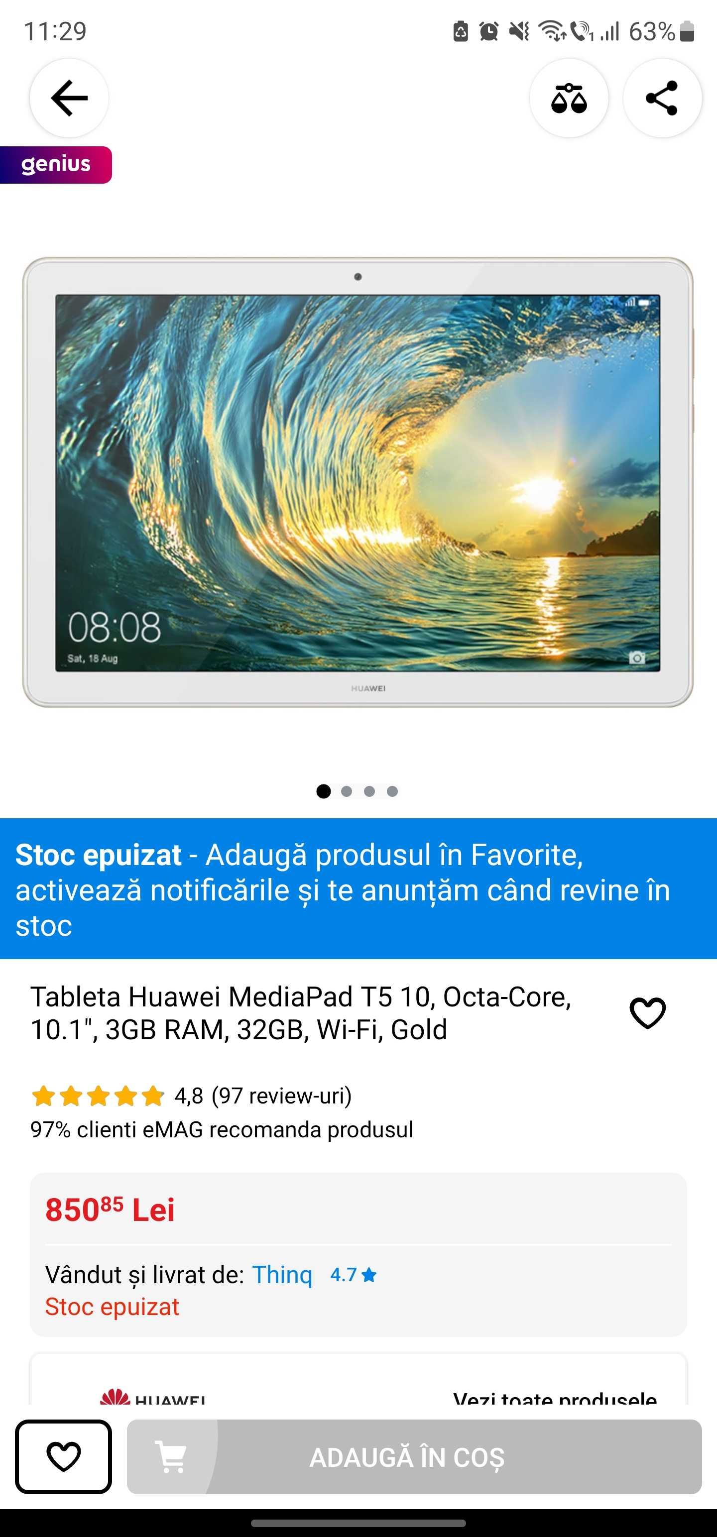 Tableta Huawei MediaPad T5 10, Octa-Core, 10.1", 3GB RAM, 32GB, Gold