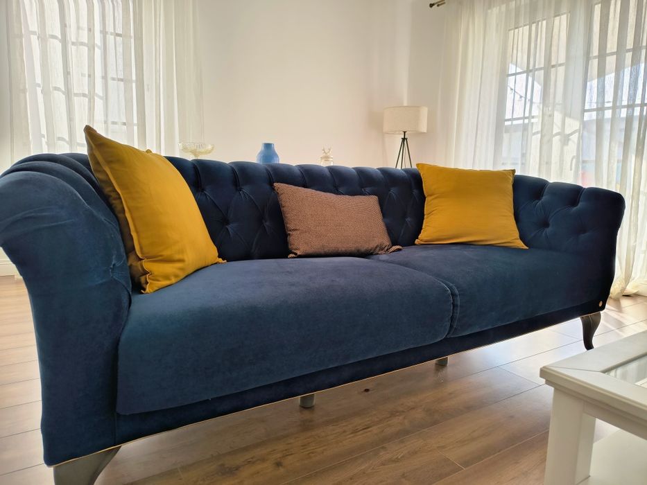 Canapea Chesterfield catifea albastru regal, 3 locuri+fotoliu